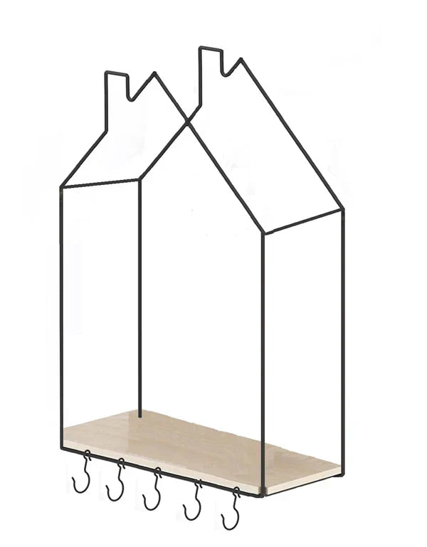 Hut Style Nordic Wall Shelf with Hooks – Metal & Wood Decorative Storage Rack