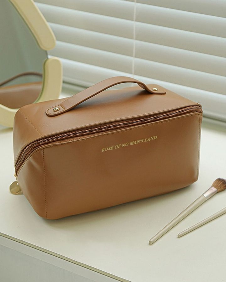 Large Capacity Leather Travel Cosmetic Bag – Multi-Partition Makeup & Toiletry Organizer