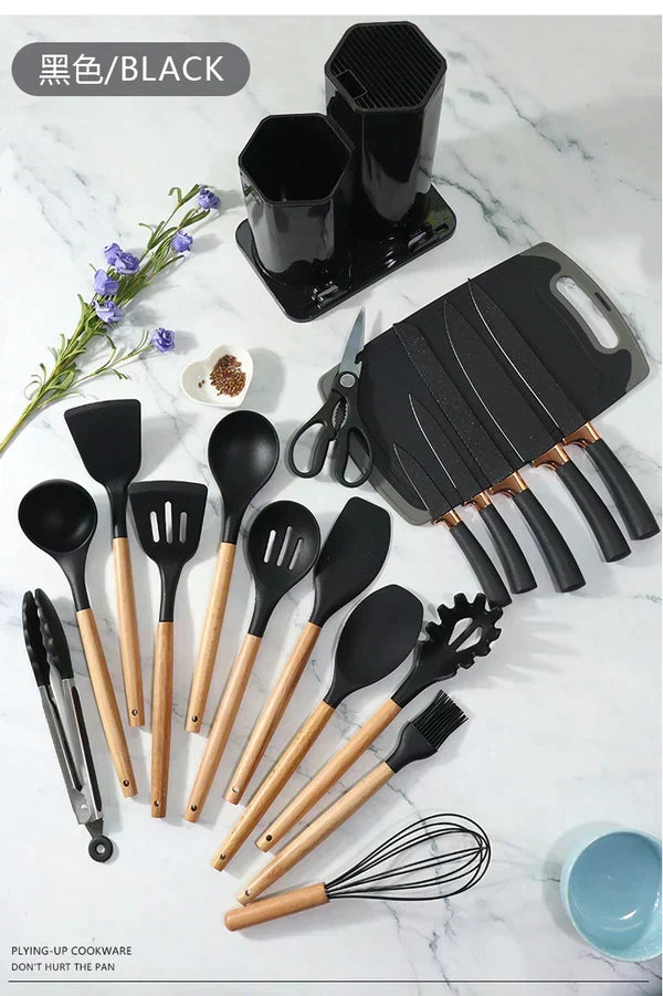 19-Piece Kitchen Utensils Set – Stainless Steel, Silicone & Wood Complete Cooking Kit