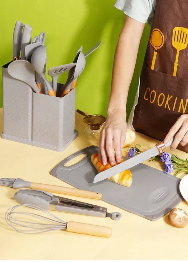 19-Piece Kitchen Utensils Set – Stainless Steel, Silicone & Wood Complete Cooking Kit