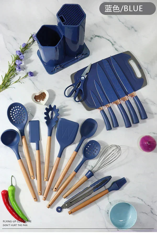 19-Piece Kitchen Utensils Set – Stainless Steel, Silicone & Wood Complete Cooking Kit