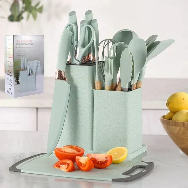 19-Piece Kitchen Utensils Set – Stainless Steel, Silicone & Wood Complete Cooking Kit