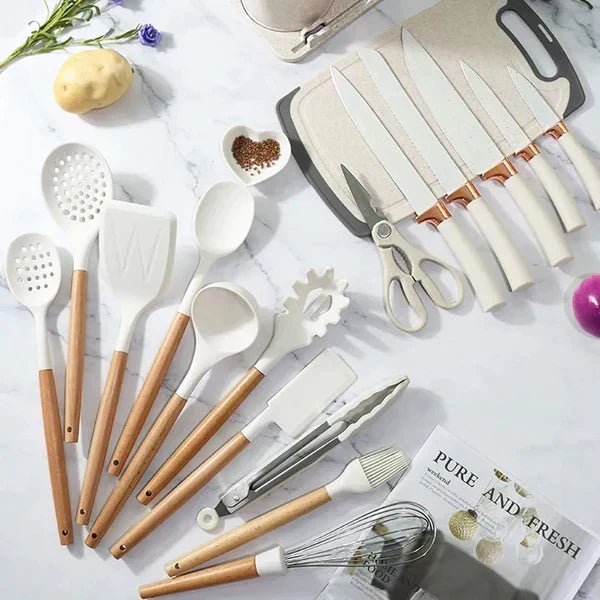 19-Piece Kitchen Utensils Set – Stainless Steel, Silicone & Wood Complete Cooking Kit