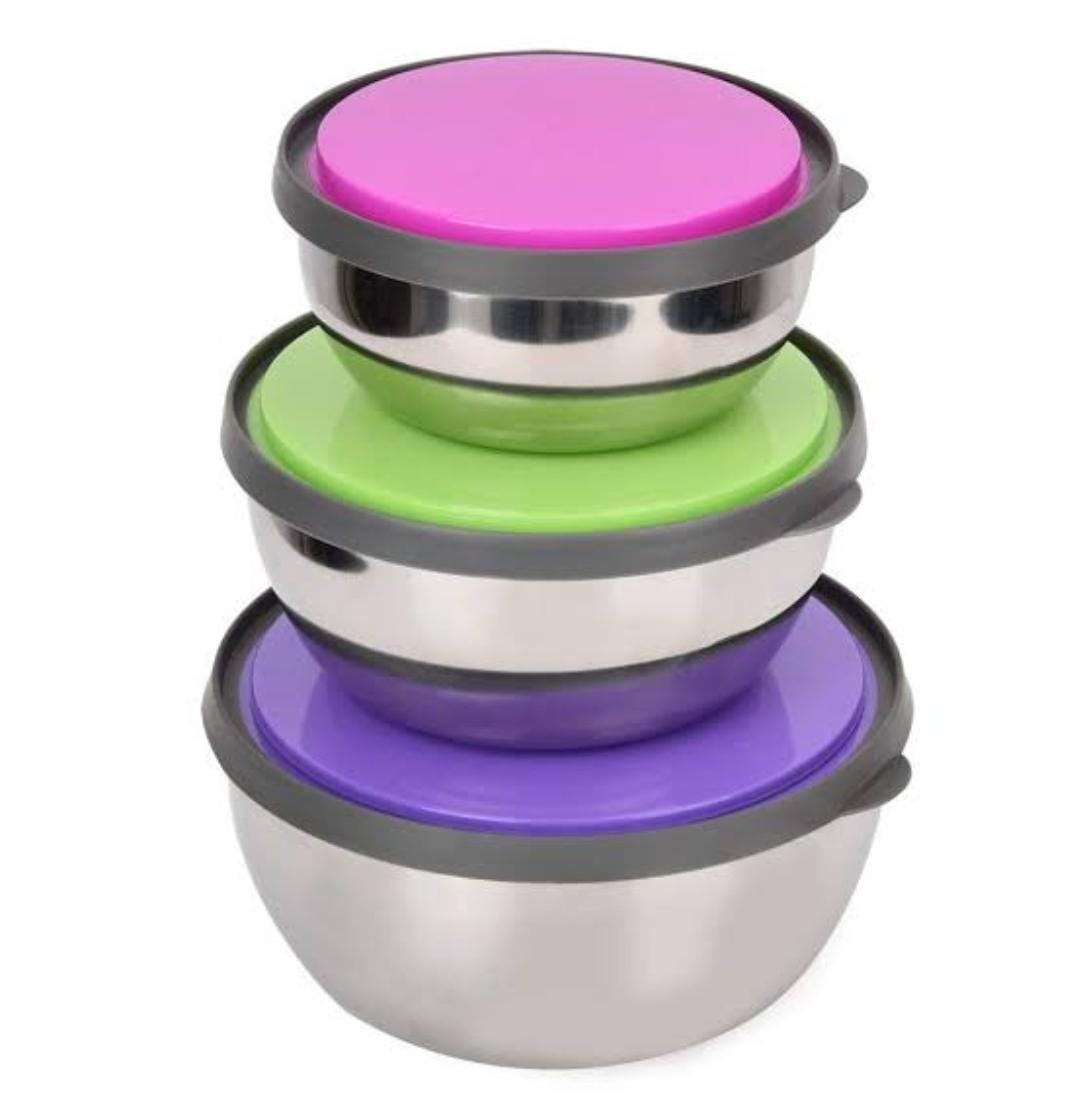 3 Pcs Stainless Steel Bowls with Lids – Airtight Food Storage Set (3 Sizes)
