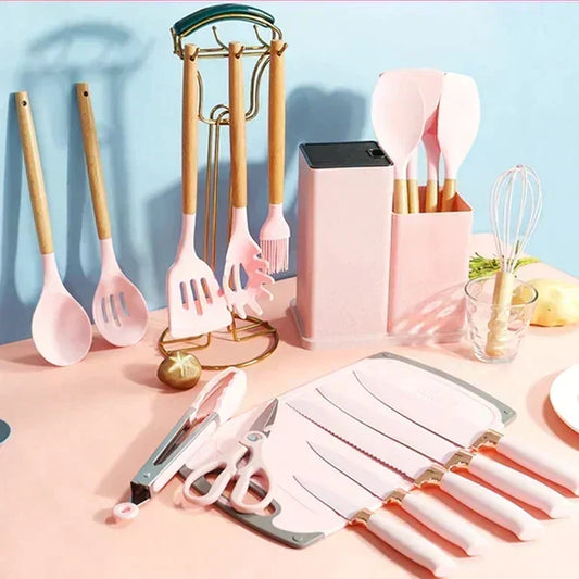 19-Piece Kitchen Utensils Set – Stainless Steel, Silicone & Wood Complete Cooking Kit