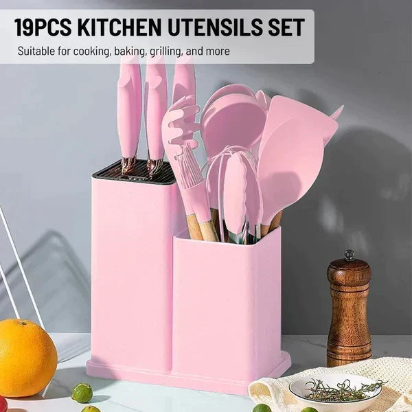 19-Piece Kitchen Utensils Set – Stainless Steel, Silicone & Wood Complete Cooking Kit