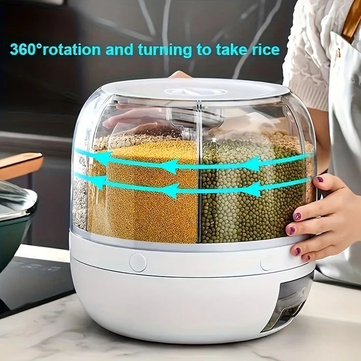 360° Rotating 6-Grid Cereal & Grain Dispenser – 6KG Food Storage Container