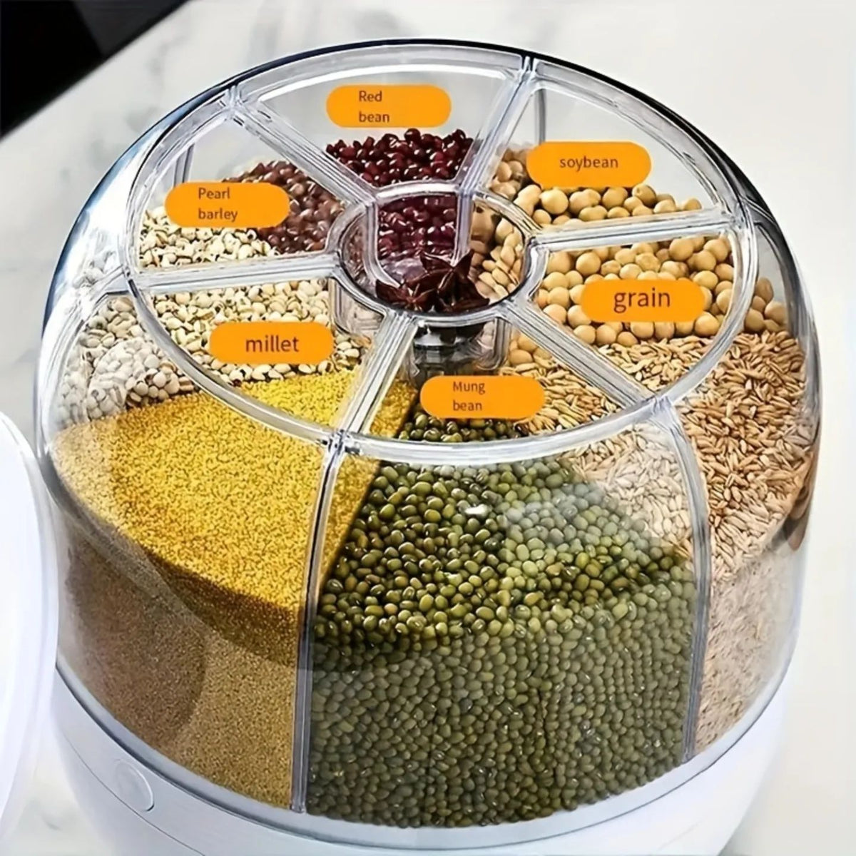 360° Rotating 6-Grid Cereal & Grain Dispenser – 6KG Food Storage Container