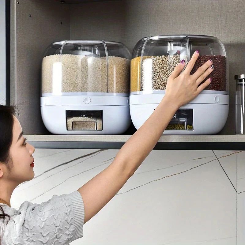 360° Rotating 6-Grid Cereal & Grain Dispenser – 6KG Food Storage Container