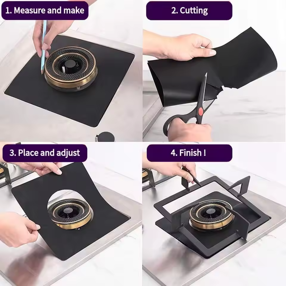 4 Pcs PTFE Gas Stove Protector Sheets – Reusable Non-Stick Stove Liners