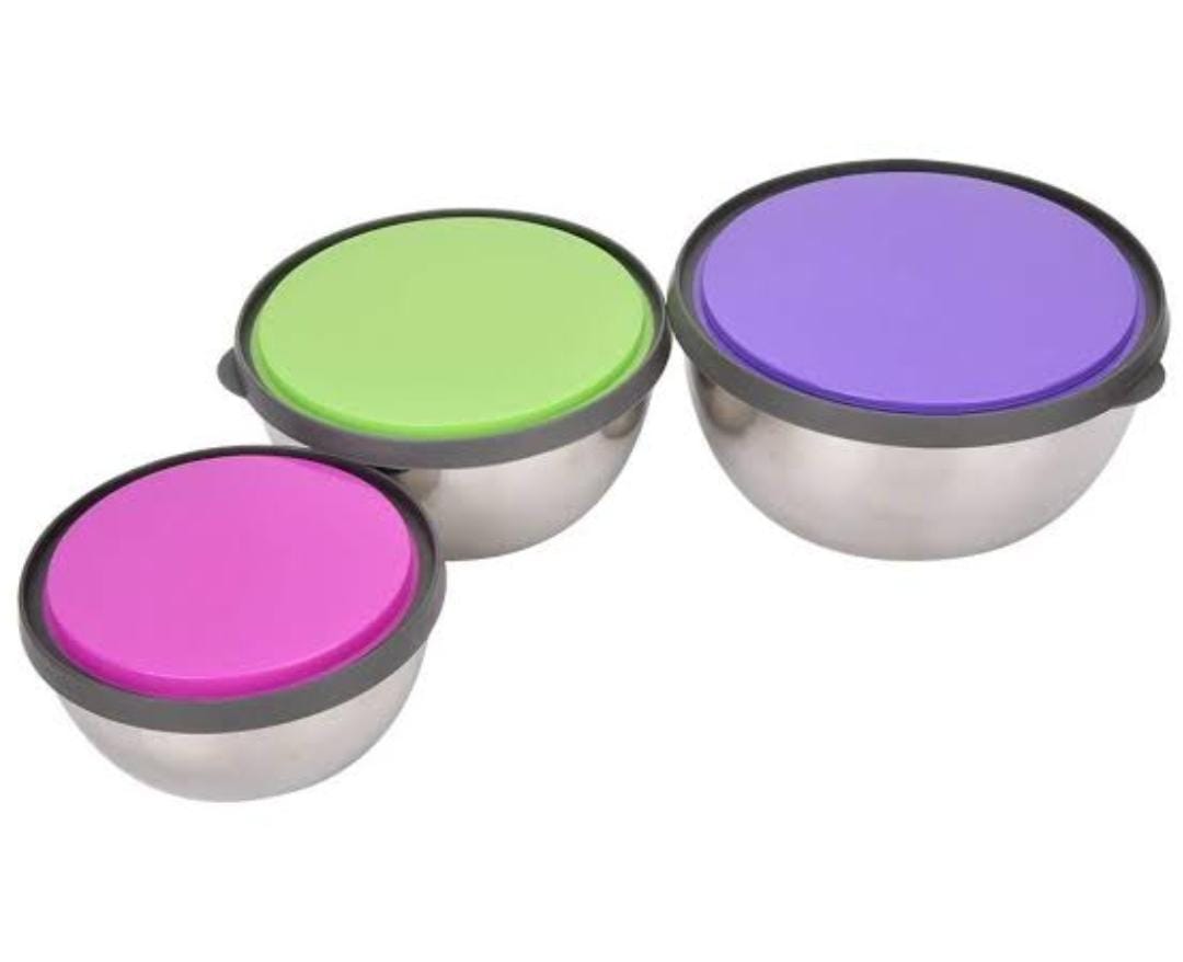 3 Pcs Stainless Steel Bowls with Lids – Airtight Food Storage Set (3 Sizes)