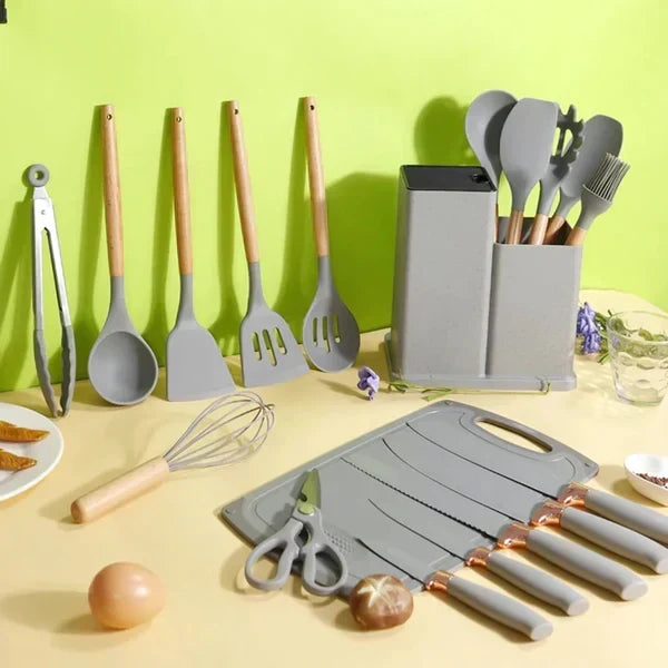 19-Piece Kitchen Utensils Set – Stainless Steel, Silicone & Wood Complete Cooking Kit