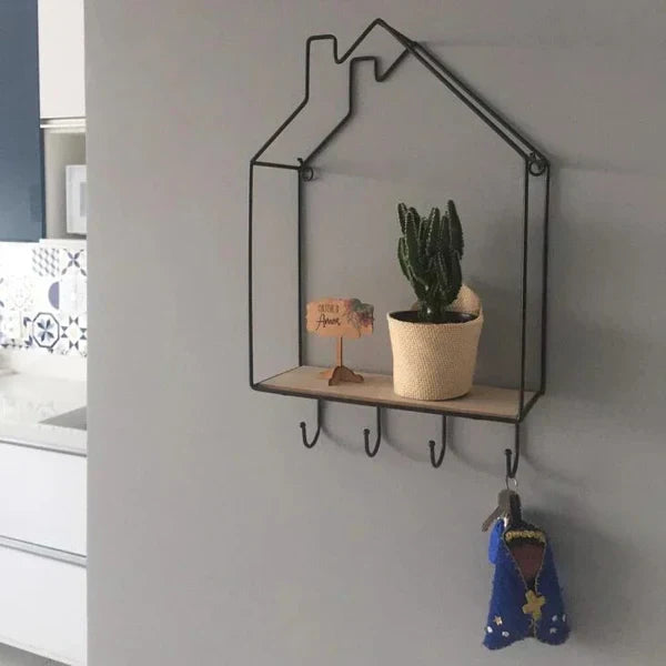 Hut Style Nordic Wall Shelf with Hooks – Metal & Wood Decorative Storage Rack