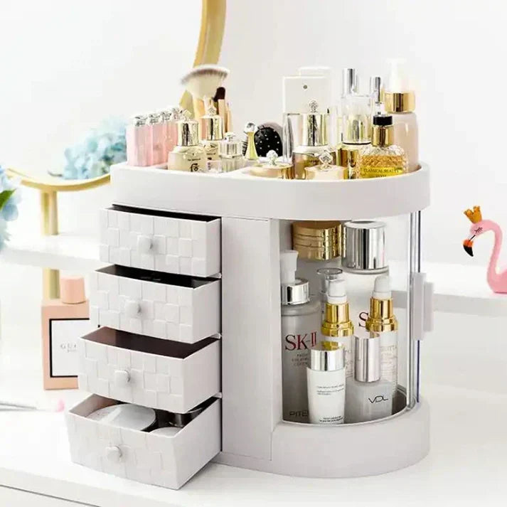 4-Tier Acrylic Makeup & Vanity Organizer – Dustproof Cosmetics Storage with Drawers