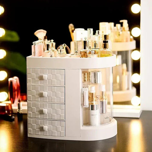 4-Tier Acrylic Makeup & Vanity Organizer – Dustproof Cosmetics Storage with Drawers