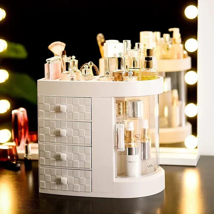 4-Tier Acrylic Makeup & Vanity Organizer – Dustproof Cosmetics Storage with Drawers