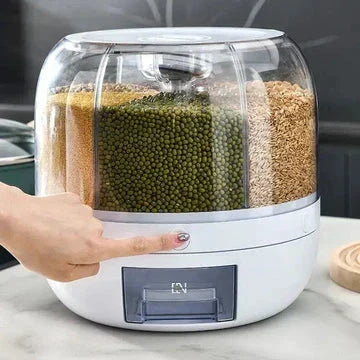 360° Rotating 6-Grid Cereal & Grain Dispenser – 6KG Food Storage Container