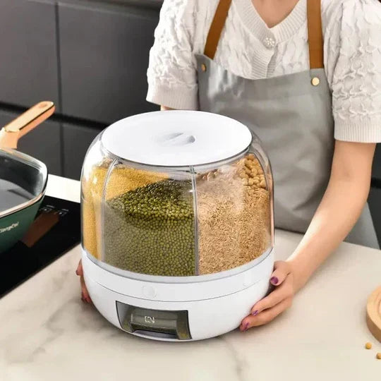 360° Rotating 6-Grid Cereal & Grain Dispenser – 6KG Food Storage Container