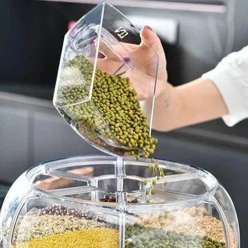 360° Rotating 6-Grid Cereal & Grain Dispenser – 6KG Food Storage Container