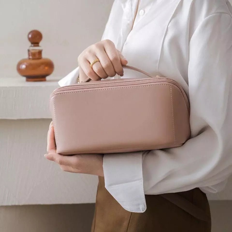 Large Capacity Leather Travel Cosmetic Bag – Multi-Partition Makeup & Toiletry Organizer