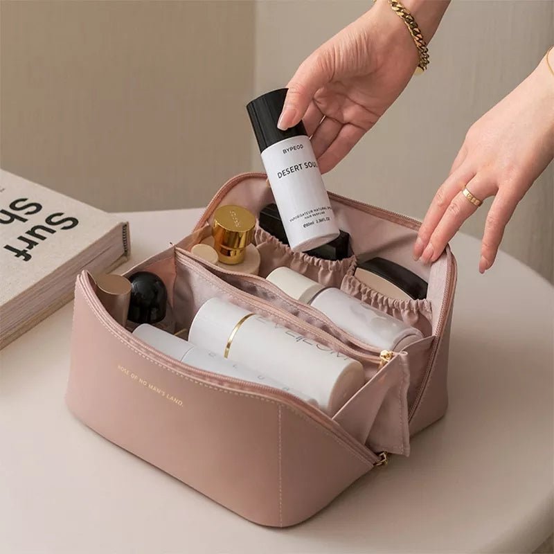 Large Capacity Leather Travel Cosmetic Bag – Multi-Partition Makeup & Toiletry Organizer
