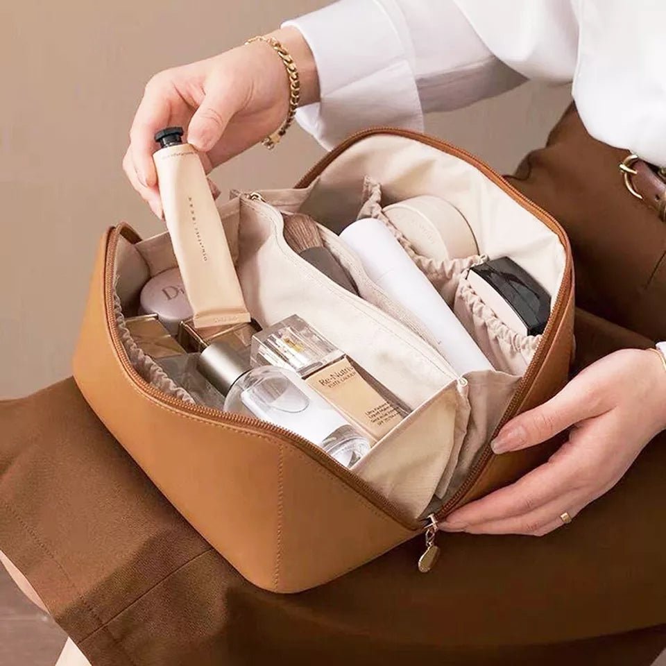 Large Capacity Leather Travel Cosmetic Bag – Multi-Partition Makeup & Toiletry Organizer