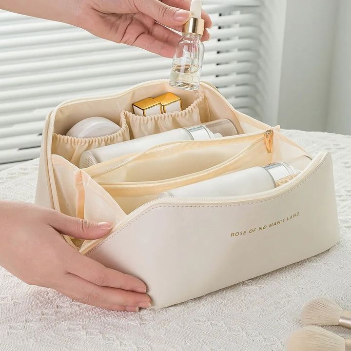 Large Capacity Leather Travel Cosmetic Bag – Multi-Partition Makeup & Toiletry Organizer