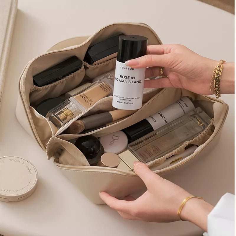 Large Capacity Leather Travel Cosmetic Bag – Multi-Partition Makeup & Toiletry Organizer