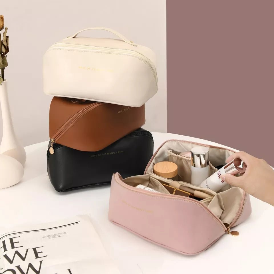 Large Capacity Leather Travel Cosmetic Bag – Multi-Partition Makeup & Toiletry Organizer