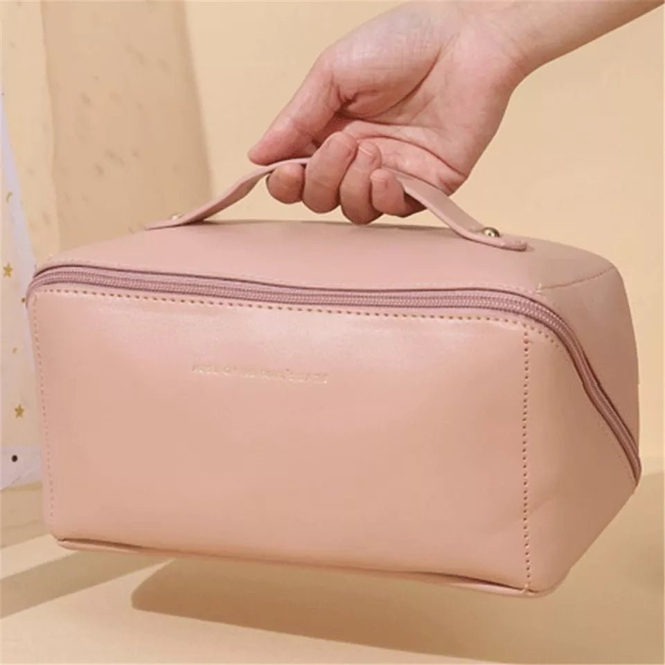 Large Capacity Leather Travel Cosmetic Bag – Multi-Partition Makeup & Toiletry Organizer