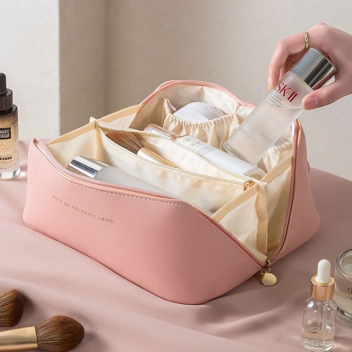Large Capacity Leather Travel Cosmetic Bag – Multi-Partition Makeup & Toiletry Organizer