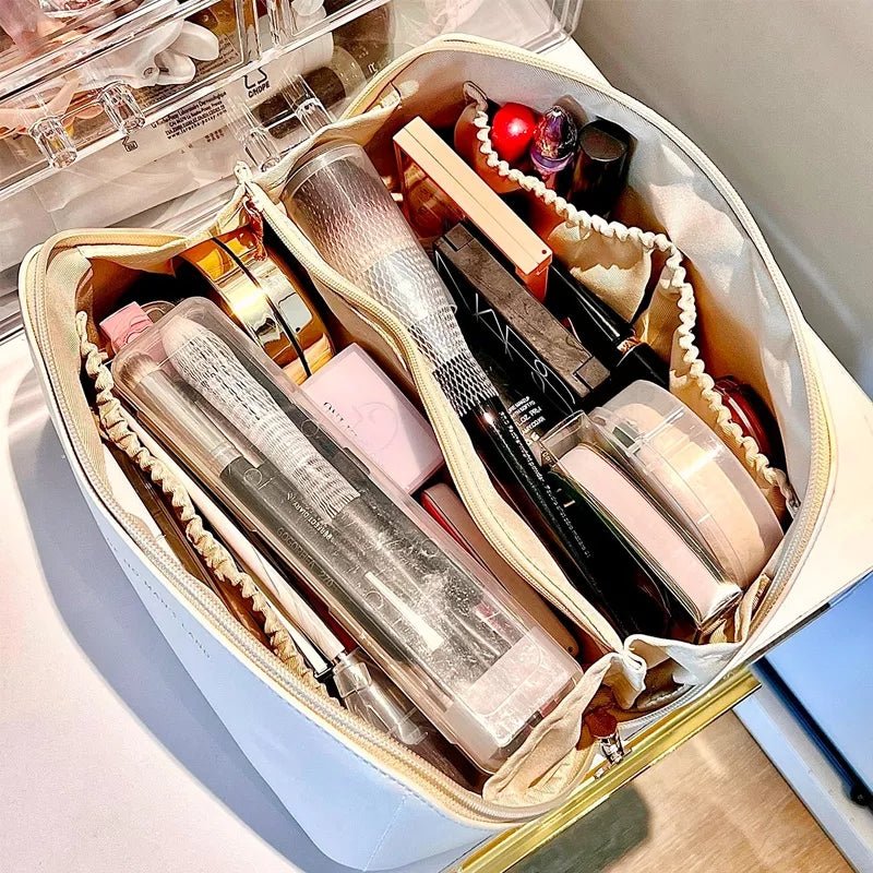 Large Capacity Leather Travel Cosmetic Bag – Multi-Partition Makeup & Toiletry Organizer