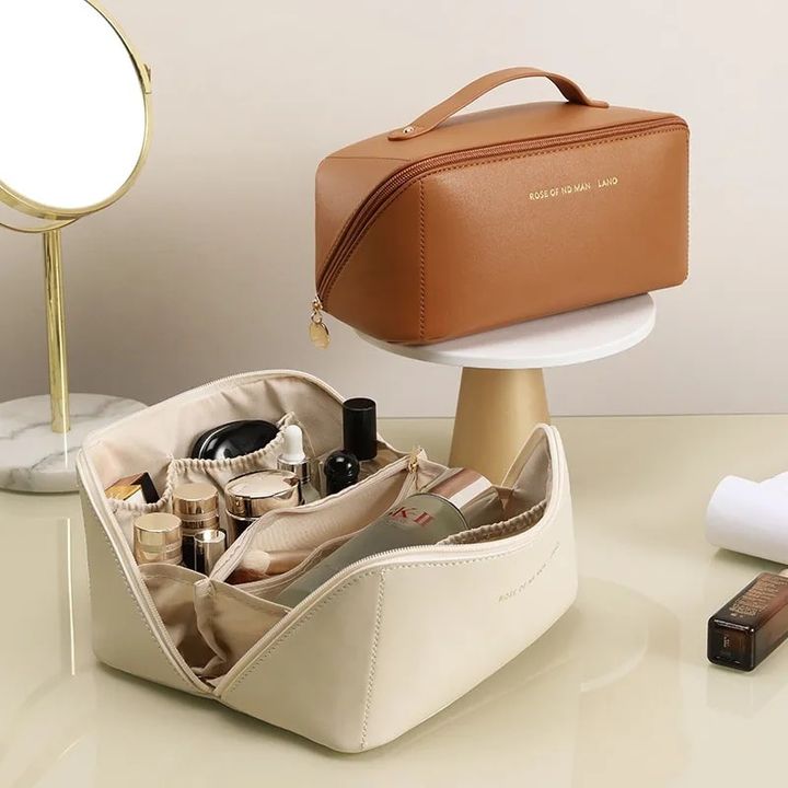 Large Capacity Leather Travel Cosmetic Bag – Multi-Partition Makeup & Toiletry Organizer