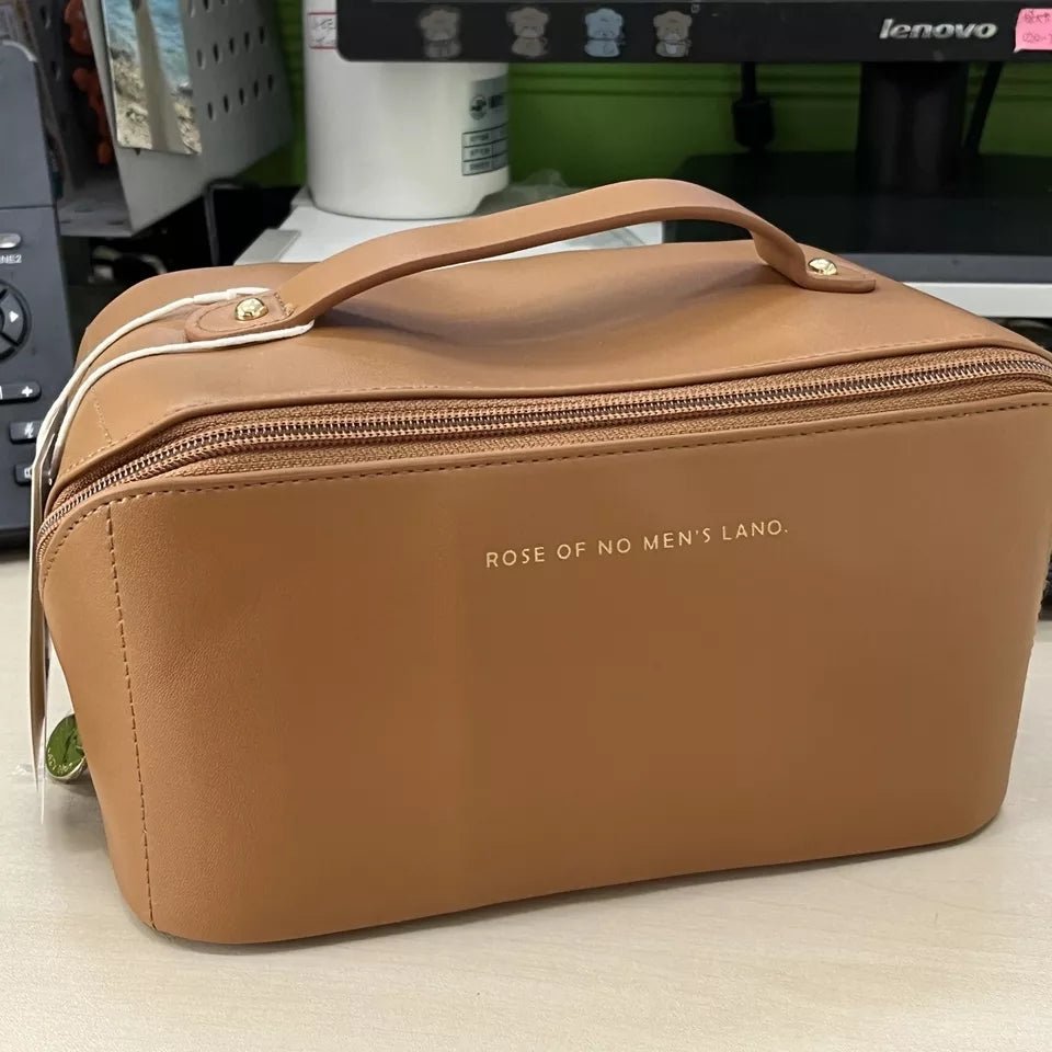 Large Capacity Leather Travel Cosmetic Bag – Multi-Partition Makeup & Toiletry Organizer