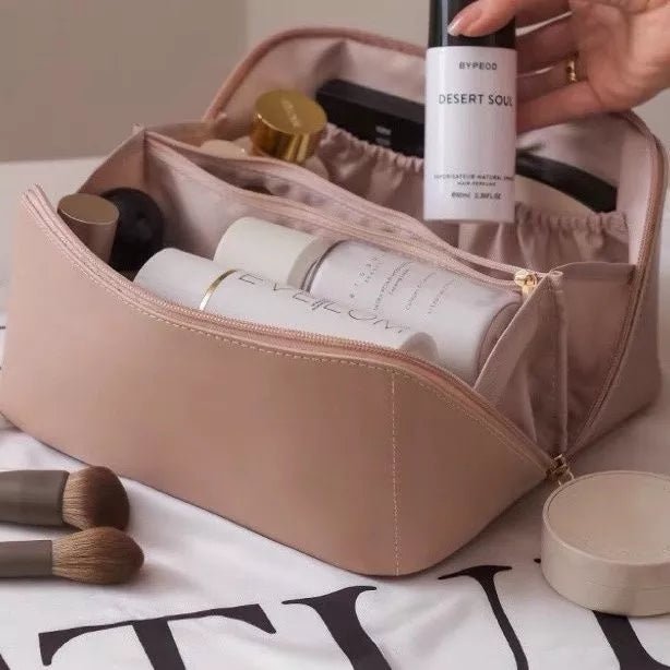 Large Capacity Leather Travel Cosmetic Bag – Multi-Partition Makeup & Toiletry Organizer