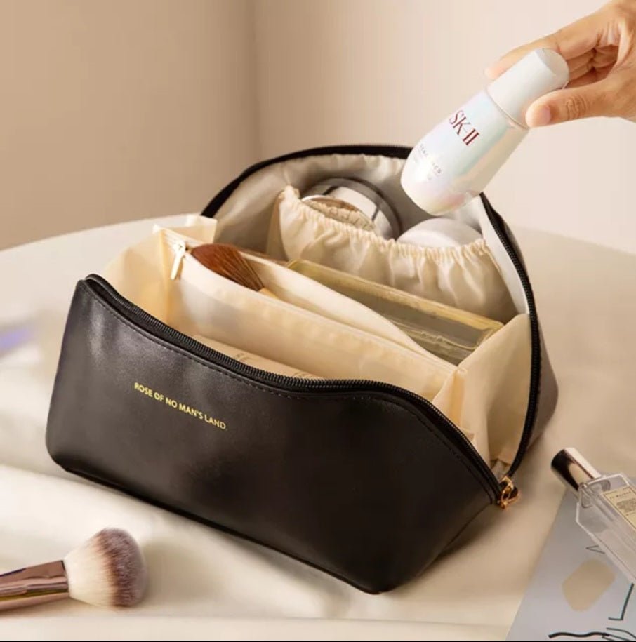 Large Capacity Leather Travel Cosmetic Bag – Multi-Partition Makeup & Toiletry Organizer
