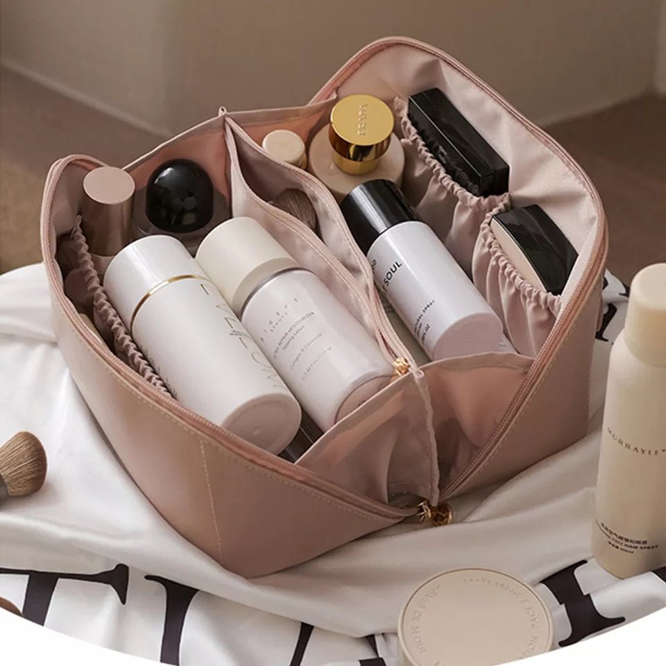 Large Capacity Leather Travel Cosmetic Bag – Multi-Partition Makeup & Toiletry Organizer